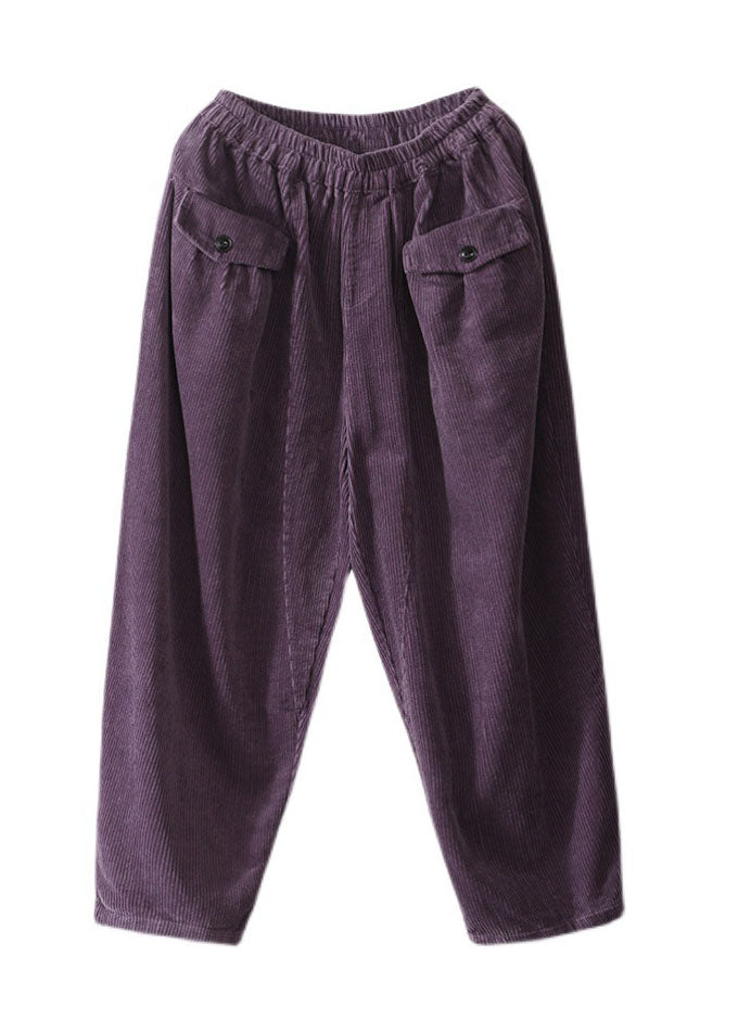 Purple Elastic Waist Pockets Corduroy Pants Spring