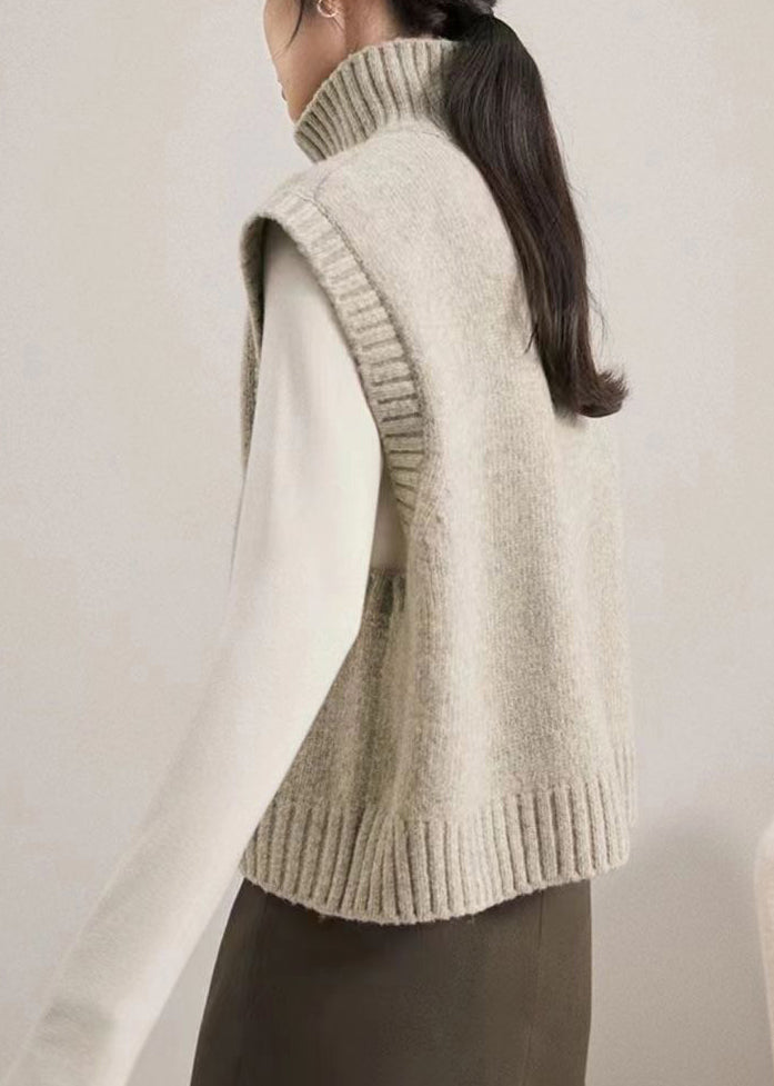 Camel Turtleneck Patchwork Knit Waistcoat Sleeveless