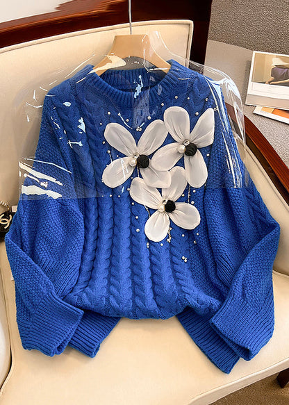 Blue O Neck Nail Bead Knit Sweater Winter