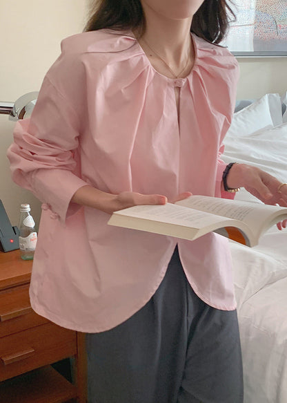 Pink O-neck Chinese Button Cotton Shirt Top Spring