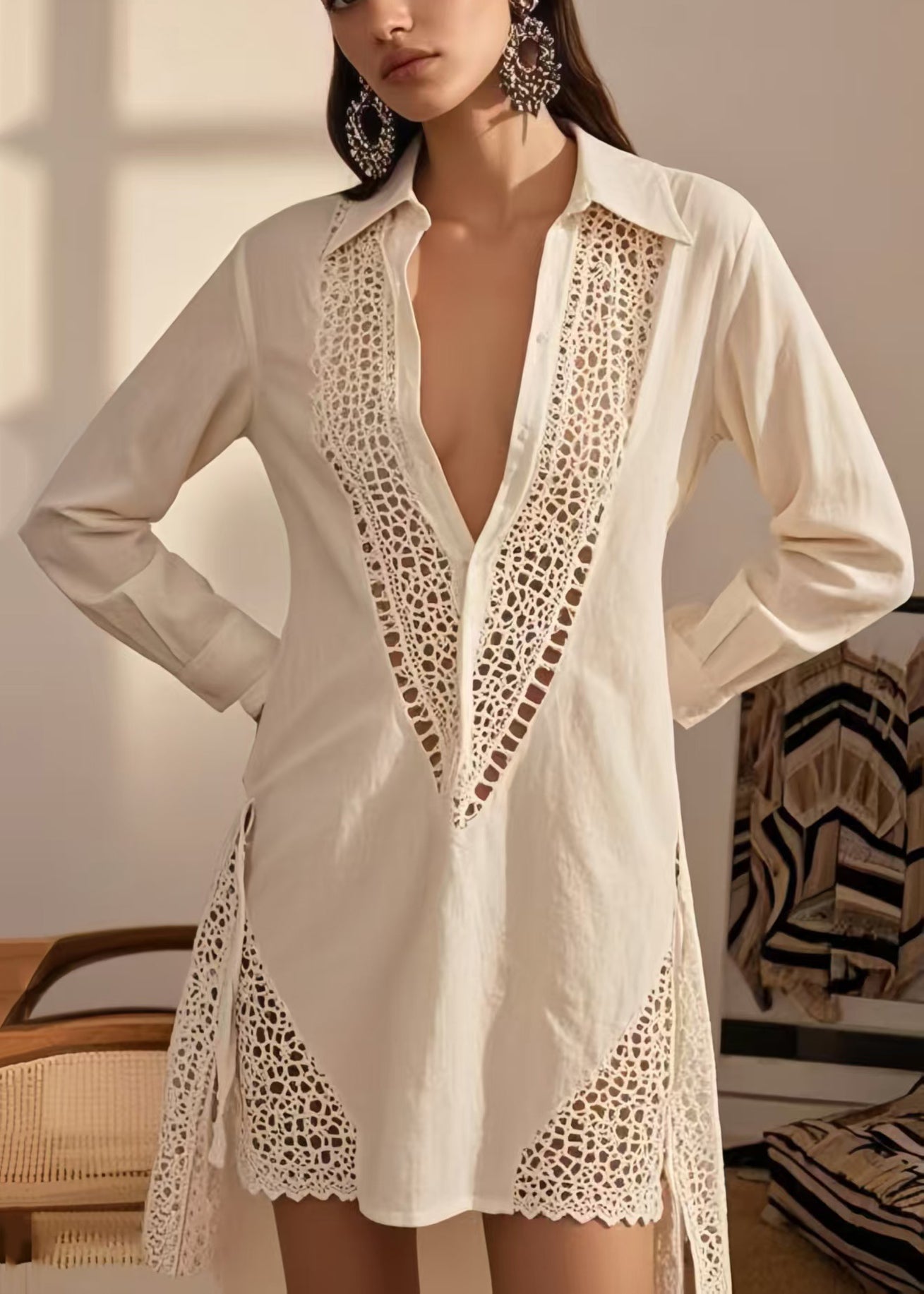 White Hollow Out Cotton Mini Dress Spring