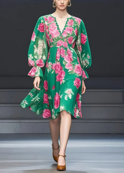 Green V Neck Print Chiffon Tea Dress Fall