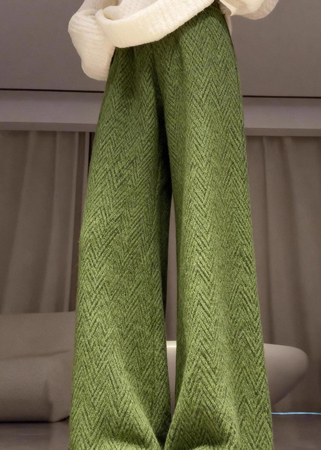Green Elastic Waist Warm Fleece Straight Pants Winter