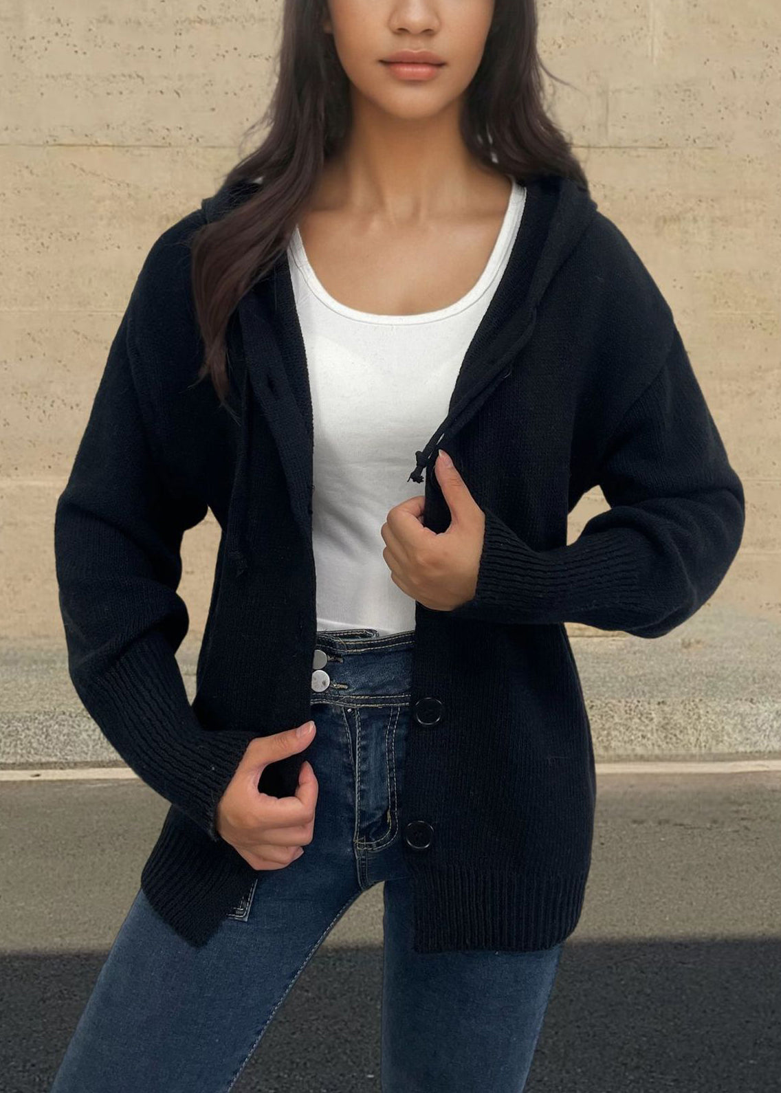 Style White Hooded Button Knit Loose Coat Fall