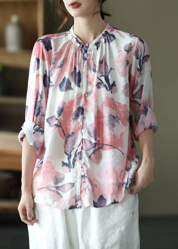 Pink Stand Collar Print Patchwork Cotton Shirt Tops Long Sleeve
