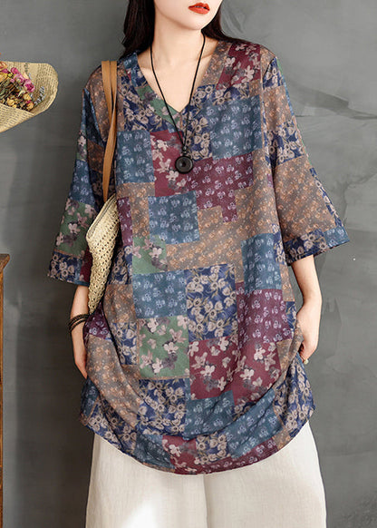 Colorblock V Neck Print Linen Mini Dress Summer