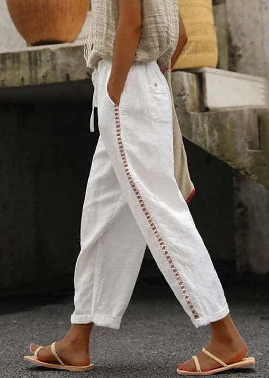 White Pockets Elastic Waist Cotton Crop Pants Summer