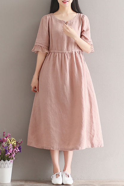 -summer Cotton Linen Dress Short Sleeve Pink Dress