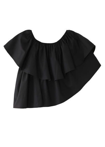 French Black Asymmetrical Ruffled Cotton Blouses Sleeveless
