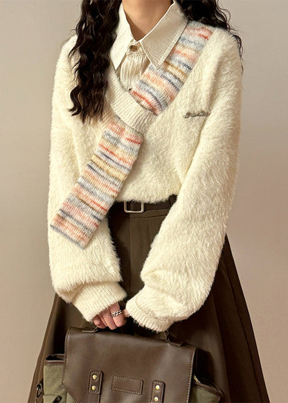 Loose Apricot V Neck Striped Patchwork Mink Hair Knitted Sweaters Spring