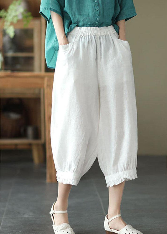 White Pockets Harem Summer Pants Linen