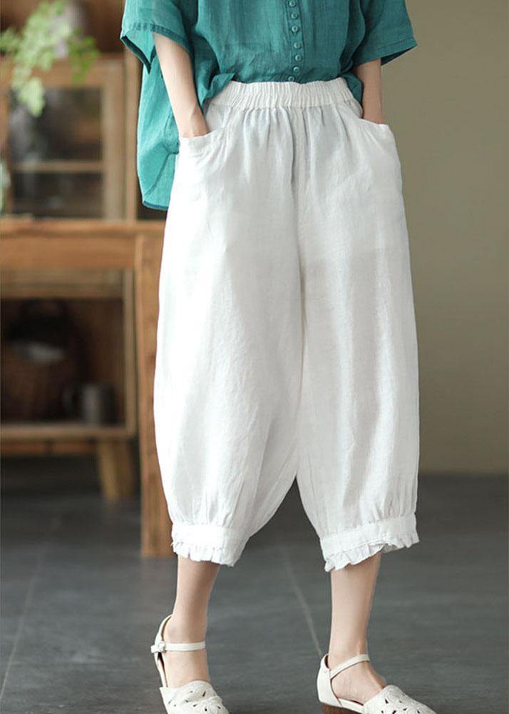 White Pockets Harem Summer Pants Linen