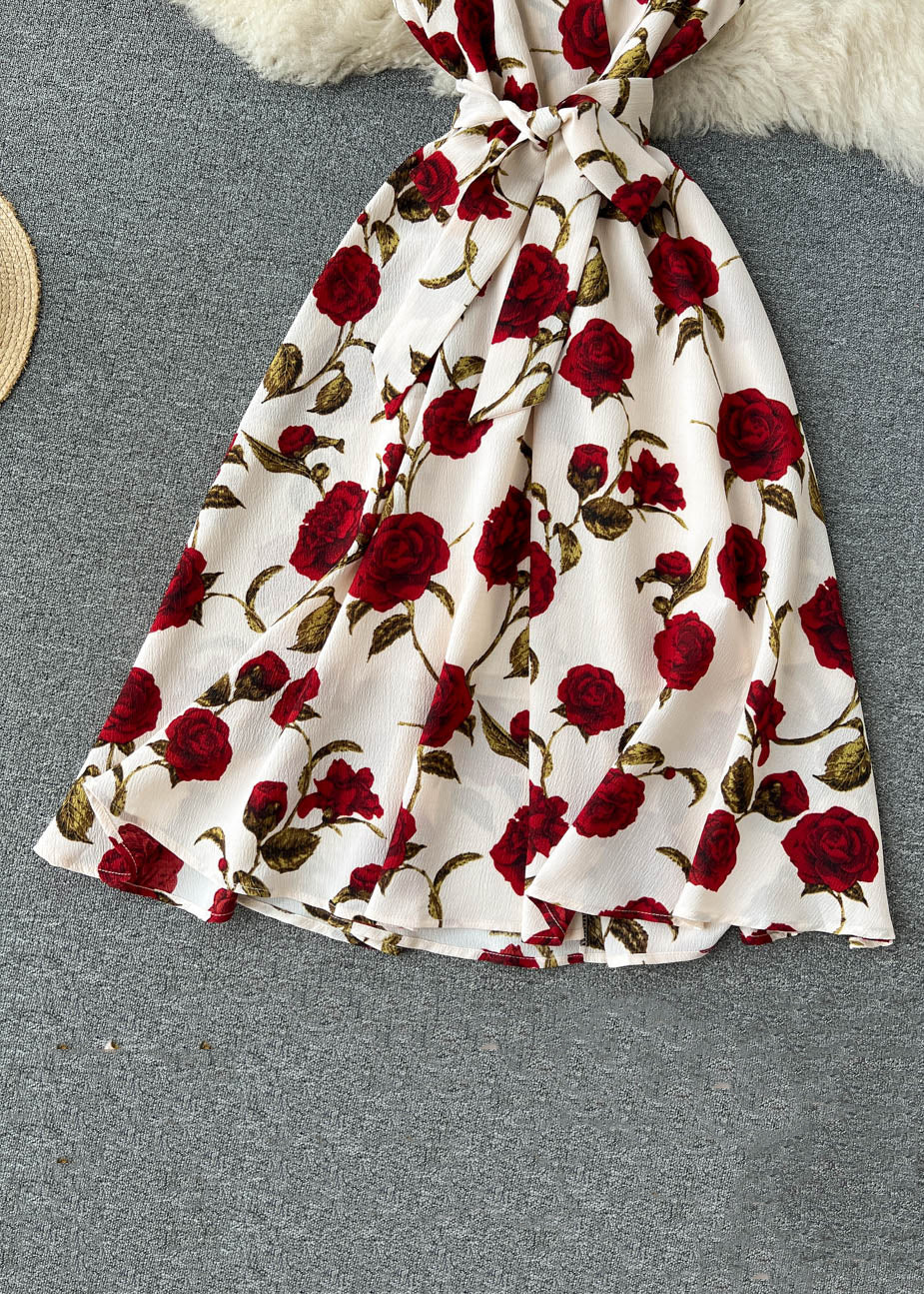 Apricot Zippered Print Chiffon Long Dress Sleeveless