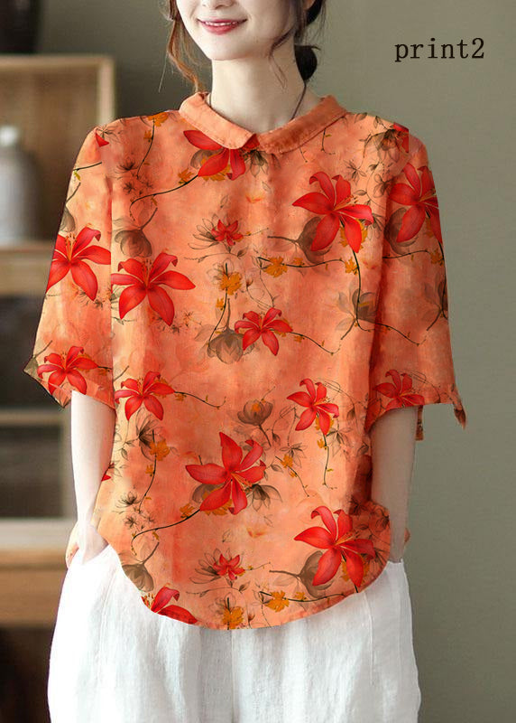 Diy Grey Print5 Ramie Half Sleeve Shirt Summer