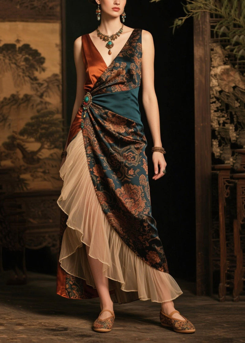 Blackish Green Ruffles Patchwork Print Silk Cami Dress Summer
