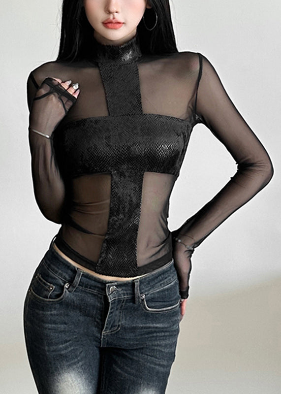 Black Turtleneck Sheer Tulle Top Spring