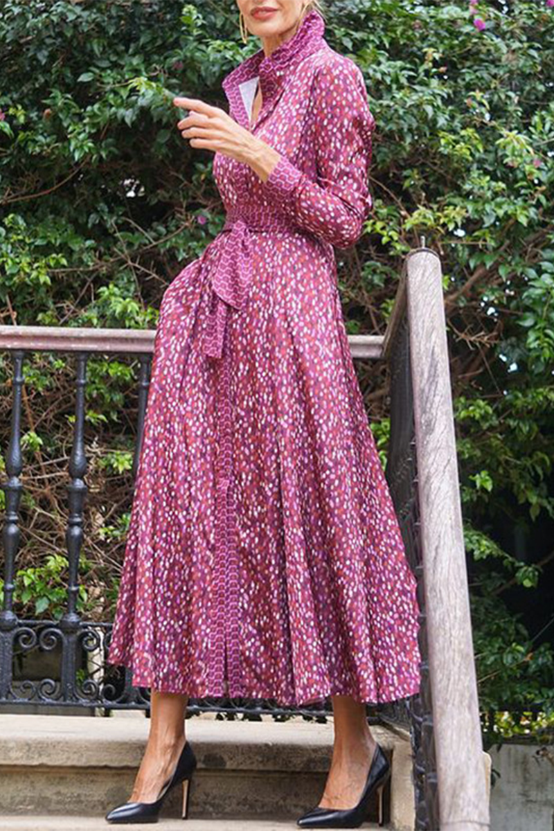 Street Polka Dot Print Pocket Lace Up Turndown Collar a Line Dresses