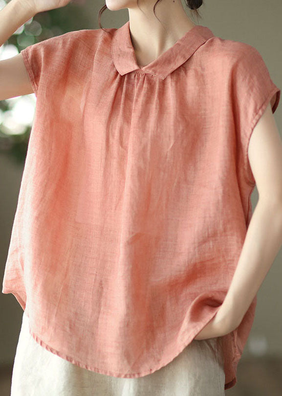 Orange Peter Pan Collar Patchwork Linen Blouses Summer