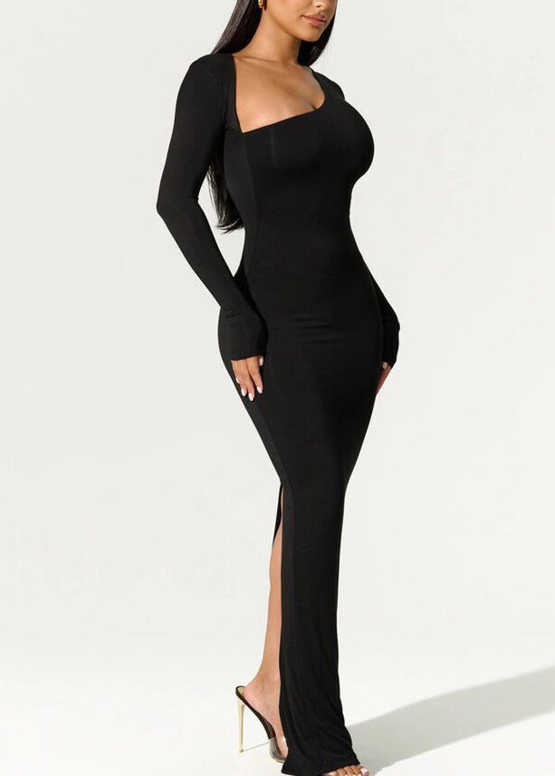 Italian Black Slash Neck Slim Fit Cotton Long Dress Spring