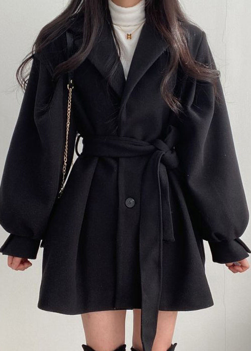 Style Black Peter Pan Collar Tie Waist Woolen Coat Lantern Sleeve
