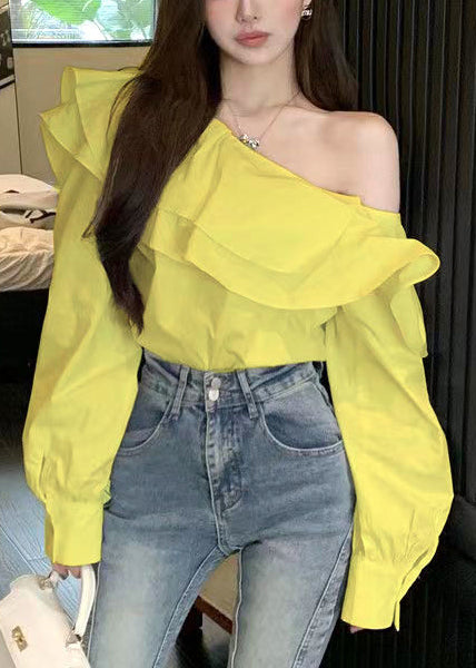 Fluorescent Green Ruffled Cotton One Shoulder Blouses Fall