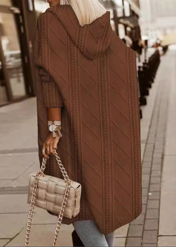 Loose Khaki Hooded Pockets Knit Cardigan Fall