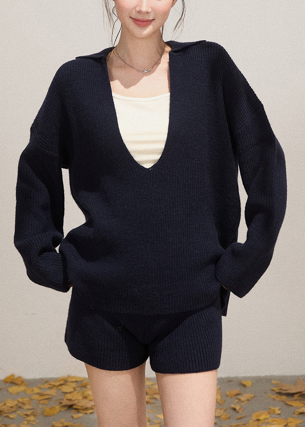 Navy Deep-v Neck Knit Two-piece Set Fall