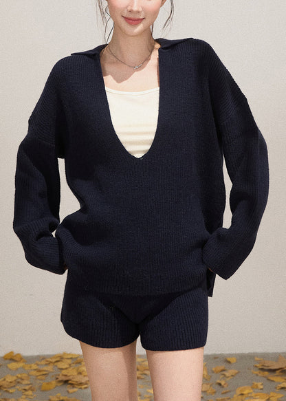 Navy Deep-v Neck Knit Two-piece Set Fall
