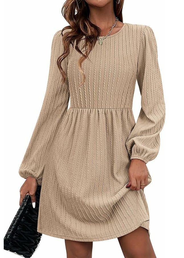 Style Black O Neck Pockets Cotton Mid Dresses Long Sleeve