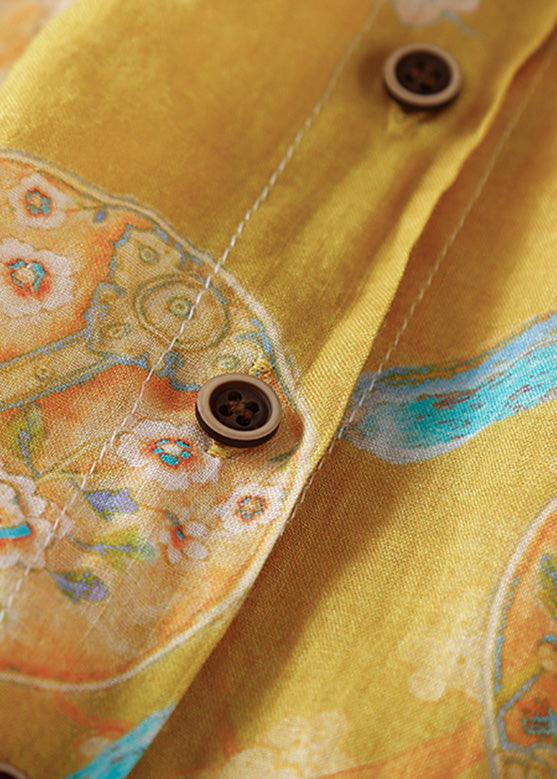 Yellow Peter Pan Collar Print Button Low High Design Linen Shirt Summer