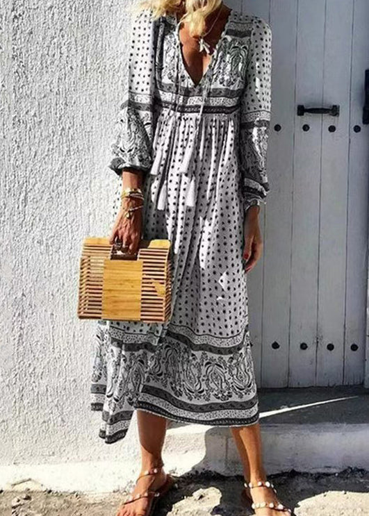 Red V Neck Print Lace Up Cotton Long Dresses Spring