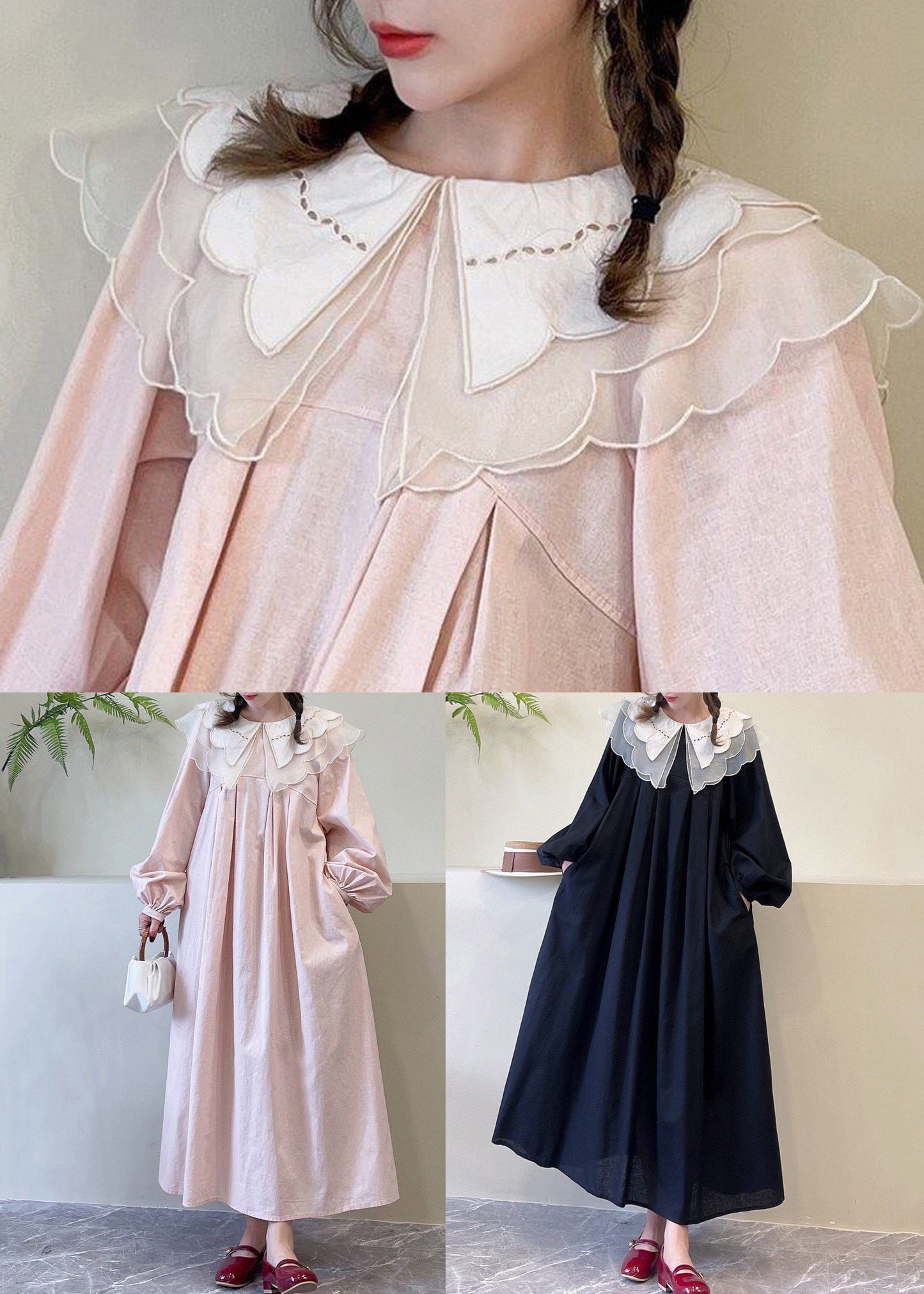 New Pink Peter Pan Collar Cotton Dresses Spring