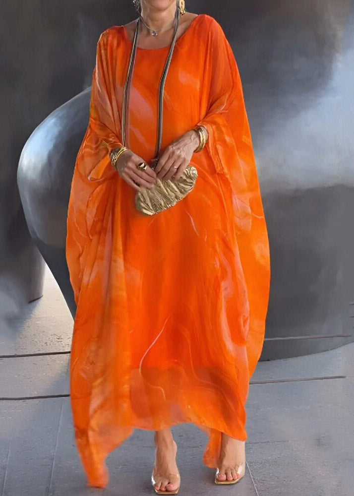 Khaki O-neck Print Long Dress Fall