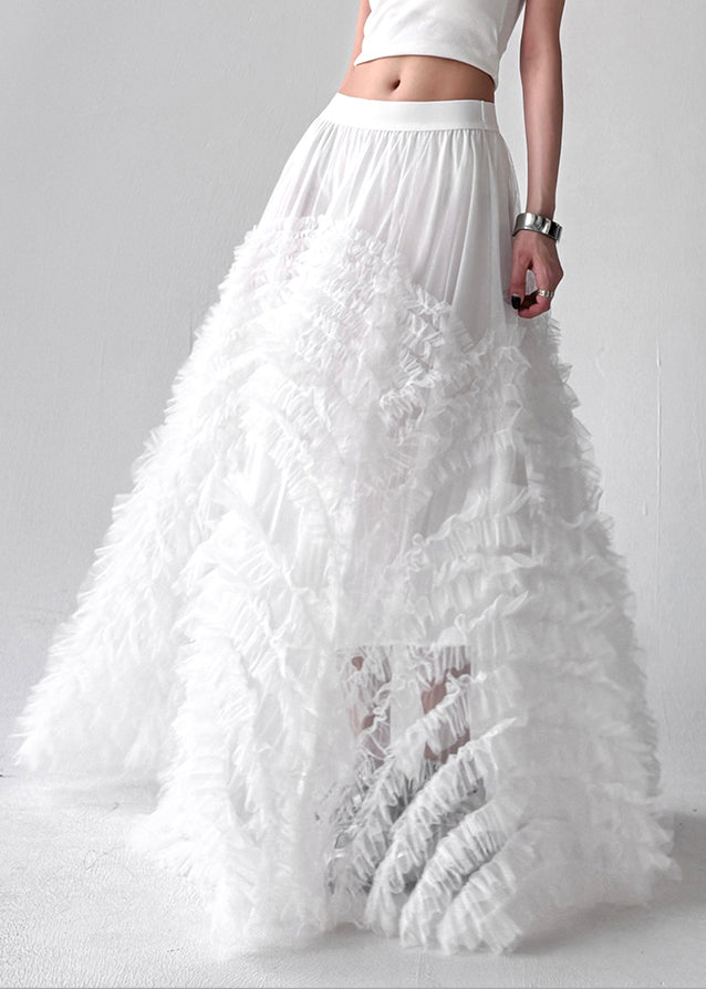 White Wrinkled Tulle a Line Skirts High Waist