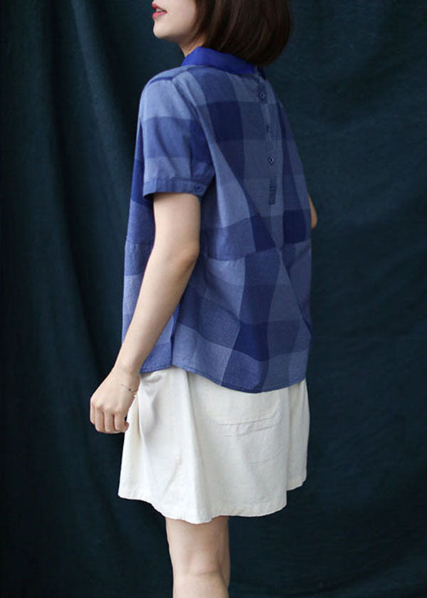 Blue Plaid Peter Pan Collar Patchwork Linen Shirt Tops Summer