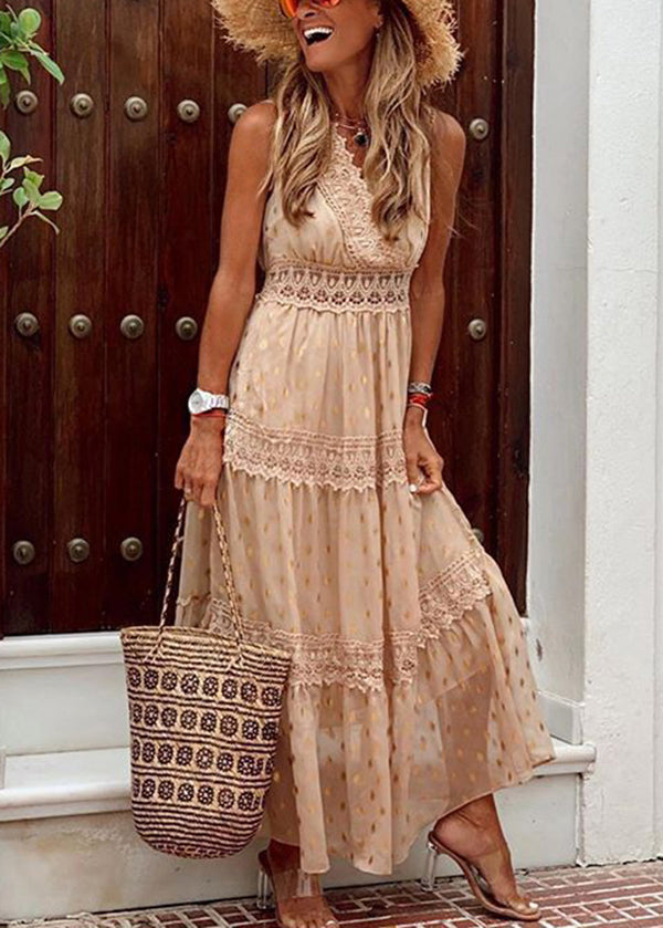 New Apricot V Neck Lace Patchwork Chiffon Long Dress Sleeveless