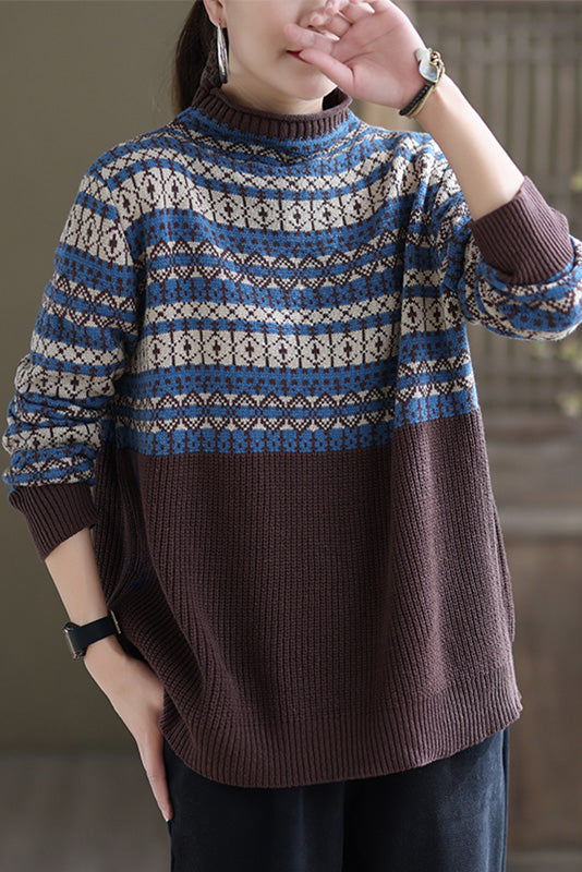 Retro Loose Cotton Sweater Half High Neck Sweater