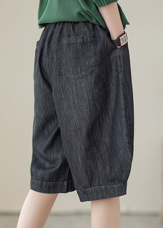 Simple Black Elastic Waist Pockets Cotton Shorts Summer