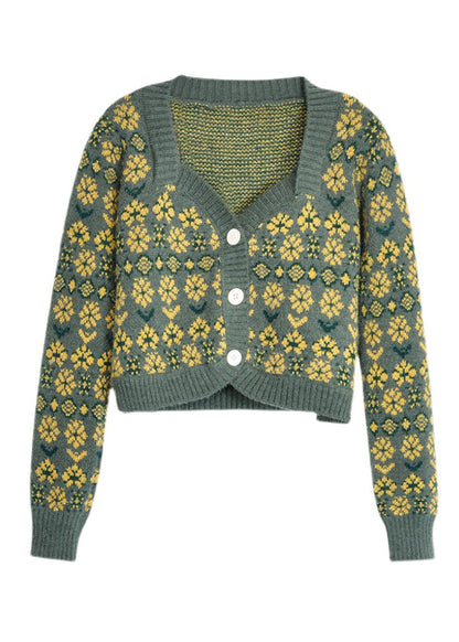 Purple V Neck Button Print Knit Short Cardigans Spring