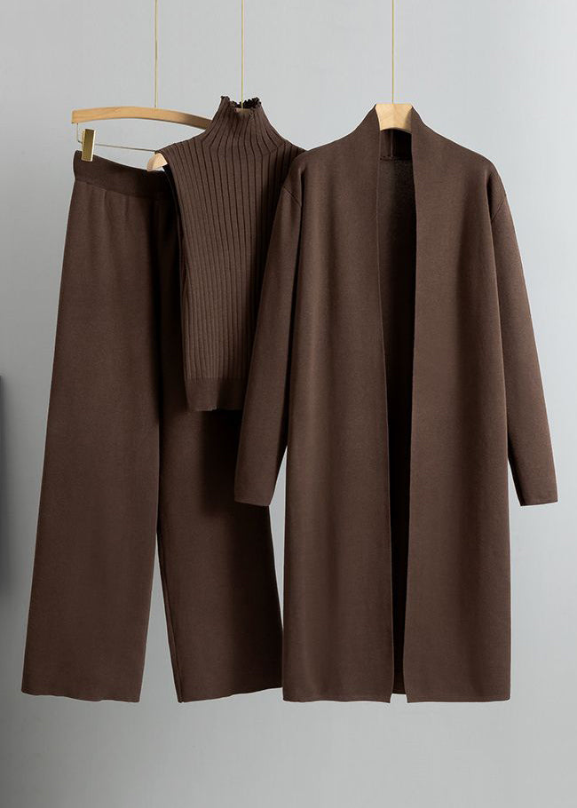 Autumn New Caramel Knitted Cardigan and High Neck Sweater and Wide Leg Pants Three Piece Set