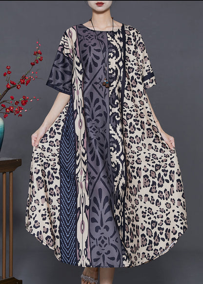 Khaki Oversized Leopard Print Silk Dress Summer