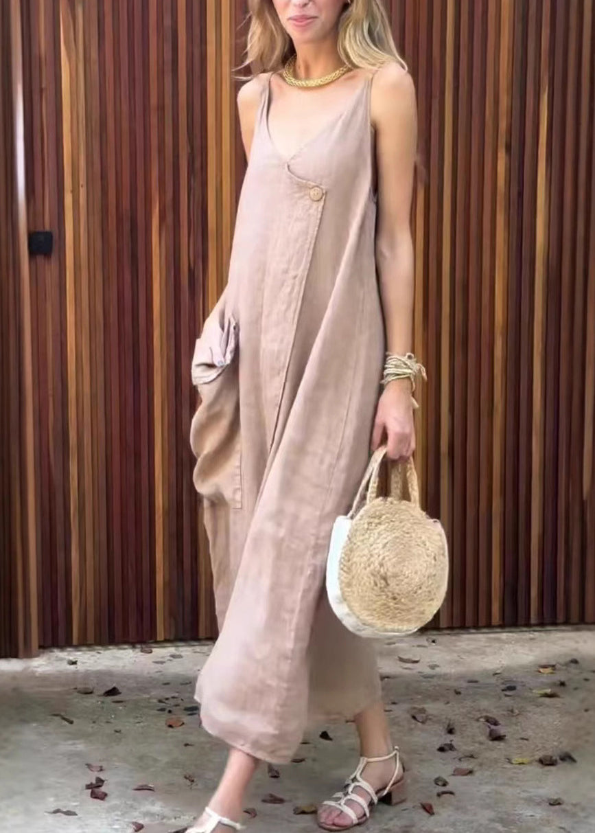 Khaki V Neck Pockets Cotton Spaghetti Strap Dress Summer