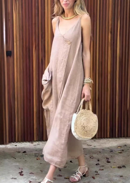 Khaki V Neck Pockets Cotton Spaghetti Strap Dress Summer