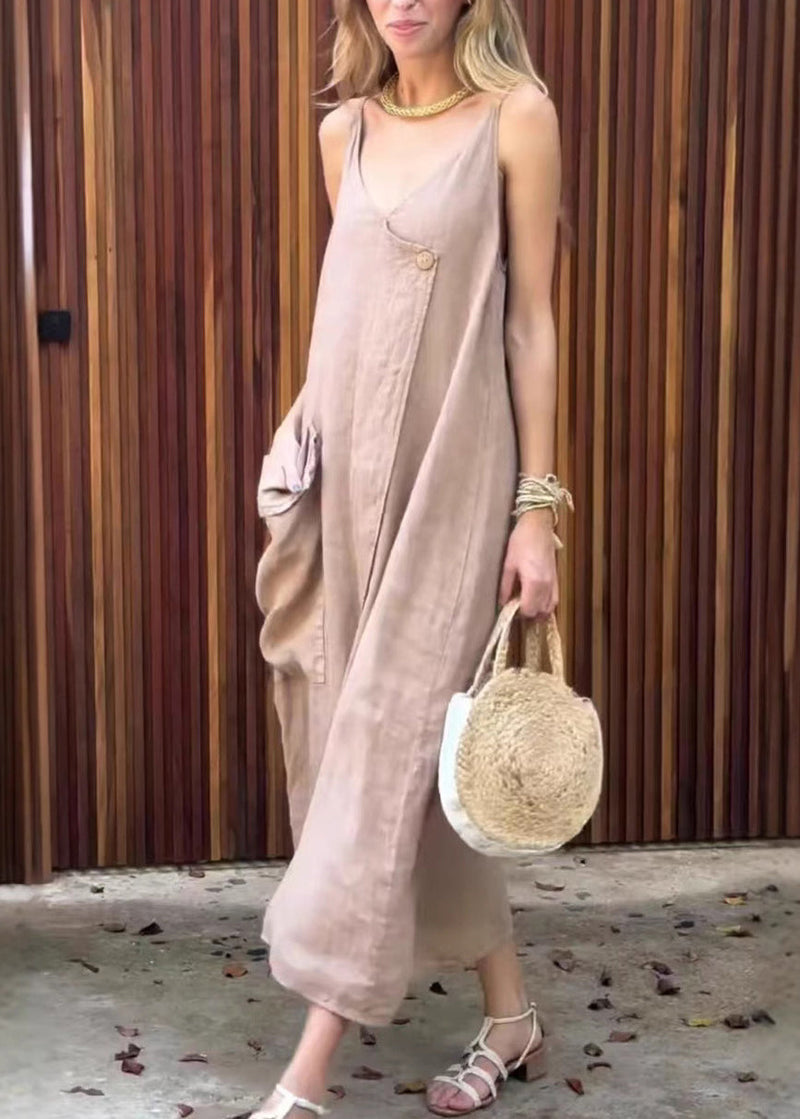 Khaki V Neck Pockets Cotton Spaghetti Strap Dress Summer