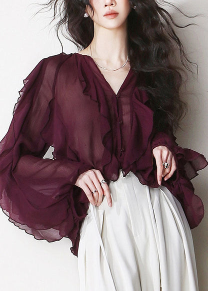 Mulberry V Neck Ruffled Patchwork Chiffon Blouses Summer