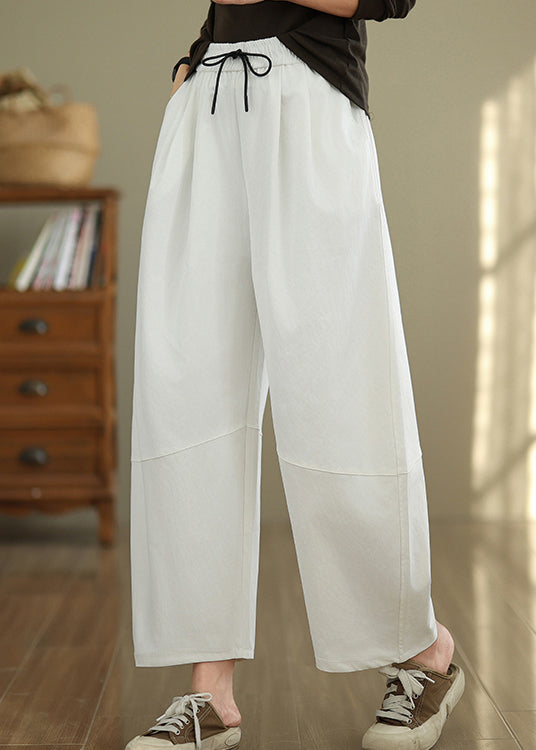 White Pockets Drawstring Cotton Pants Fall