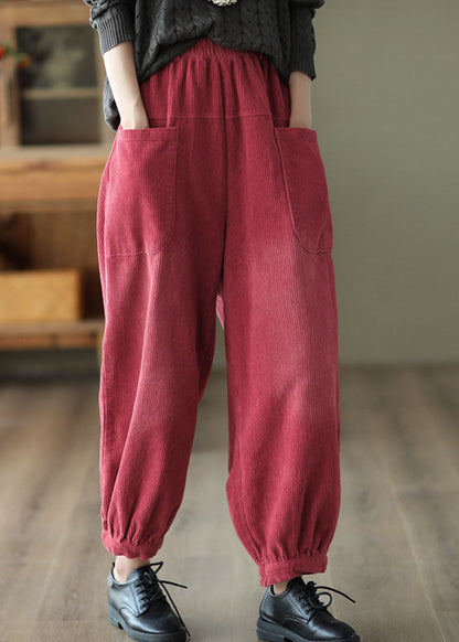 Red Elastic Waist Pockets Warm Fleece Corduroy Harem Pants Winter