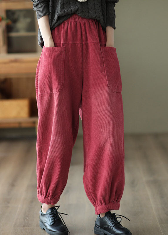 Red Elastic Waist Pockets Warm Fleece Corduroy Harem Pants Winter