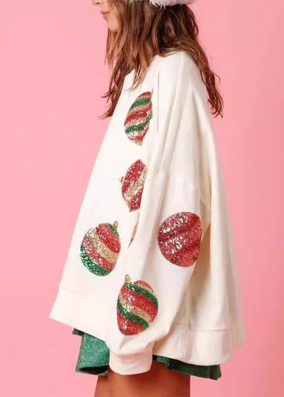 Italian White O Neck Sequins Cotton Sweatshirts Top Winter
