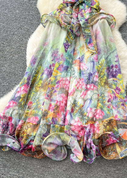 Green Slash Neck Print Chiffon Holiday Dress Summer